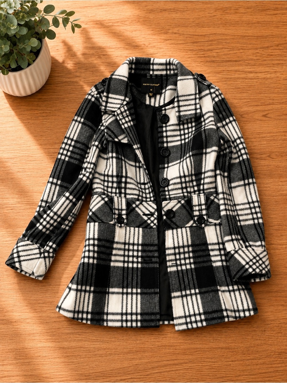 Poetry Clothing Black & White Plaid Peacoat | Girls